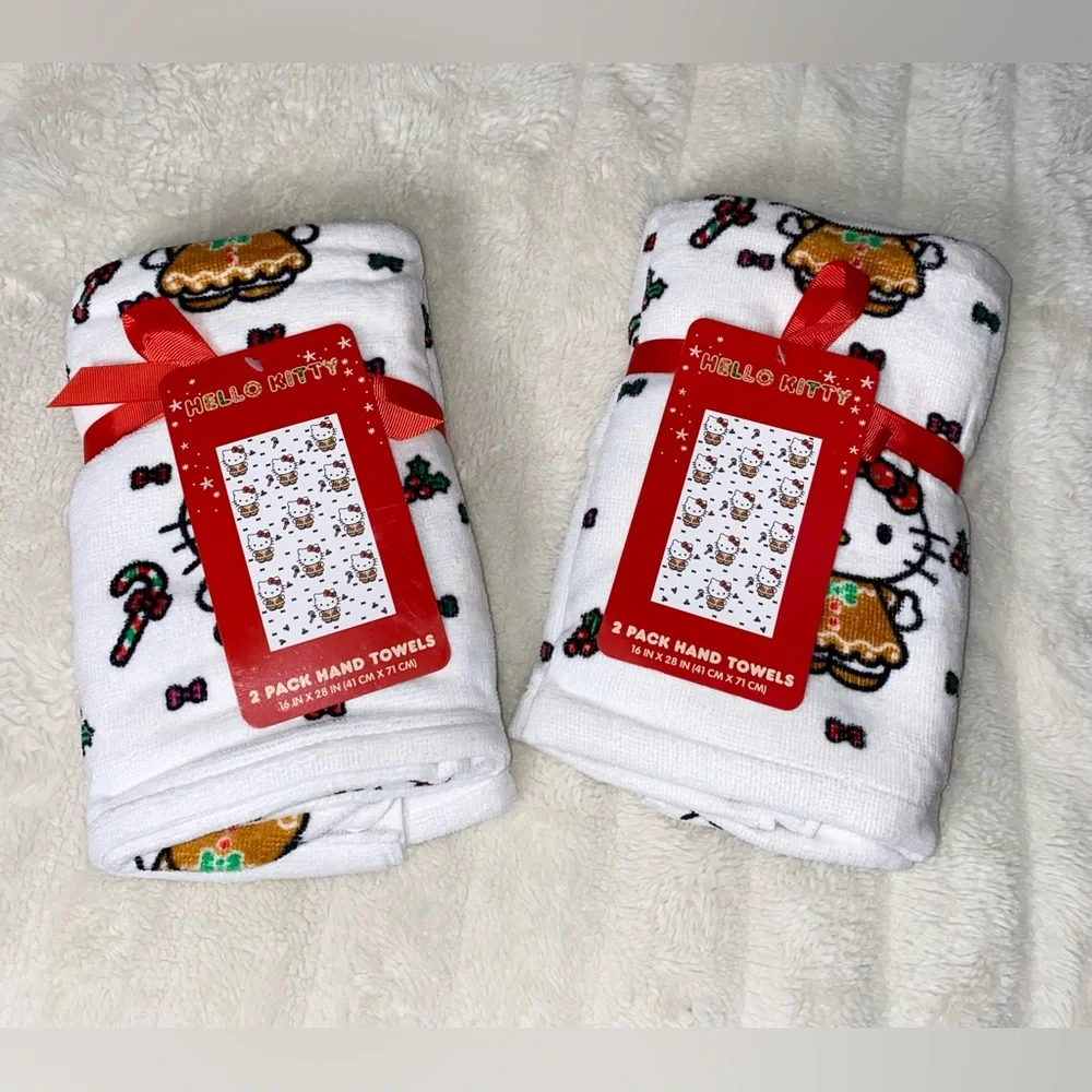 NWT Lot of two, 2 pc (4 towels) Sanrio Hello Kitty Christmas Holiday Hand Towels